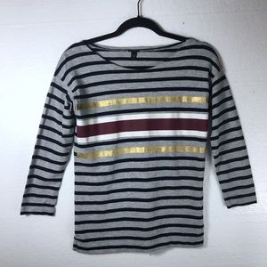 J. Crew Sz XXS Striped 3/4 Sleeve Boat Neck Top